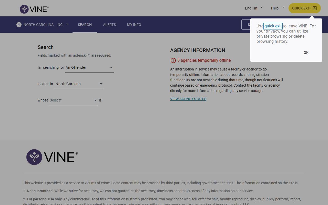 North Carolina VINELink inmate search for Halifax County custody records